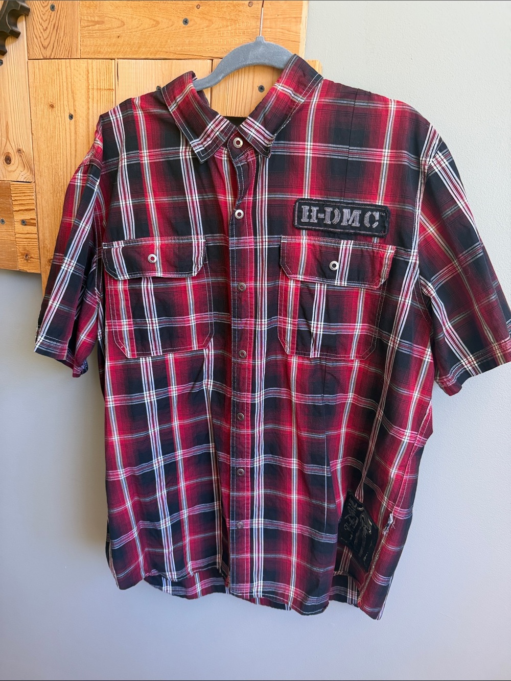Harley-Davidson Red and Black Plaid Short-Sleeve Button-Down Shirt
